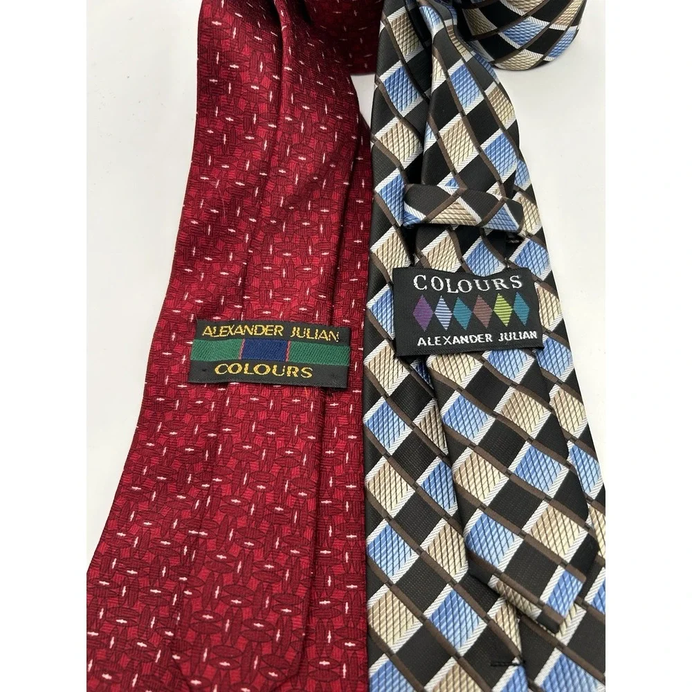 Alexander Julian Colours Blue Geometric &‎ Red Hot Necktie Lot of 2